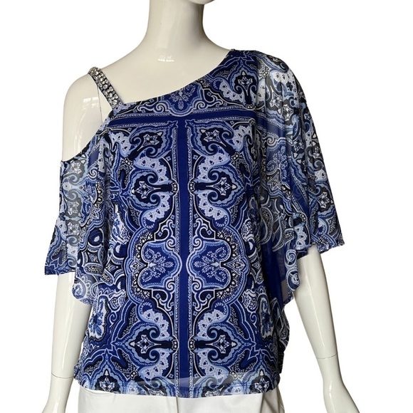 INC International Concepts Off Shoulder Blue Paisley Sheer Sleeve Top Size Med - Picture 3 of 6